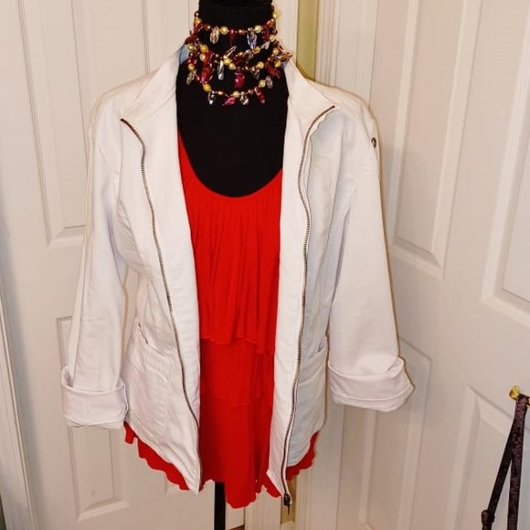 OSO Casuals White DENIM Spring Bomber Jacket w/ Metal Rings XL Orig $120+Tax NWD - Picture 10 of 11